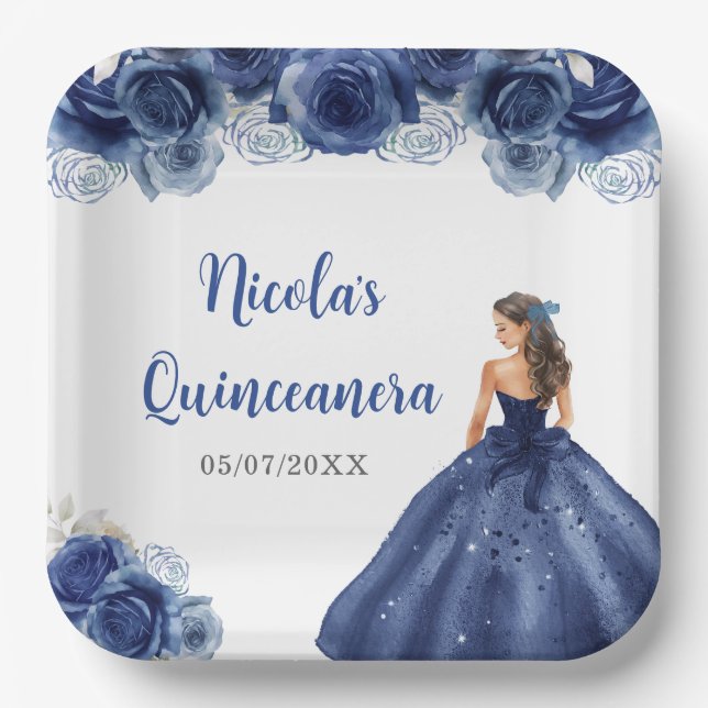 Floral Princess in Navy Blue Dress Quinceanera  Paper Plate (Front)