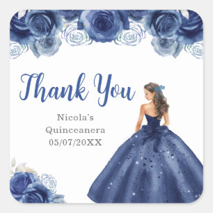 Floral Princess in Navy Blue Dress Quinceanera Square Sticker