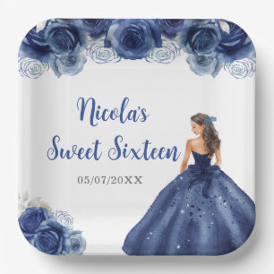 Floral Princess in Navy Blue Dress Sweet Sixteen Paper Plate