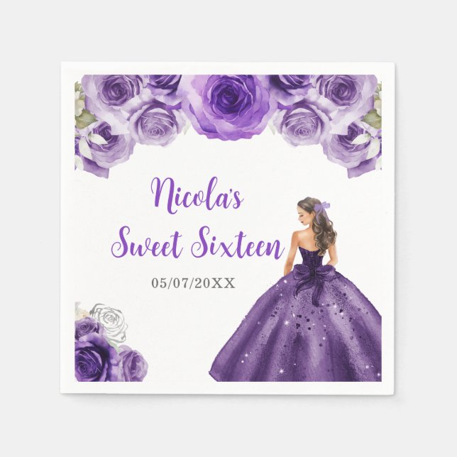 Floral Princess in Purple Dress Sweet Sixteen  Napkin (Front)