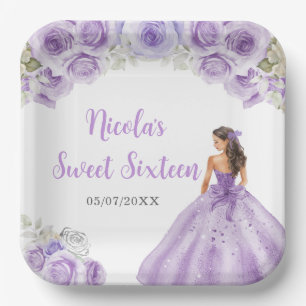 Floral Princess in Purple Dress Sweet Sixteen Paper Plate
