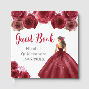 Floral Princess in Red Dress Quinceanera Guest Book