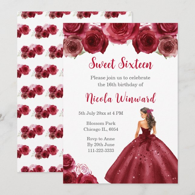 Floral Princess in Red Dress Sweet Sixteen Invitation (Front/Back)