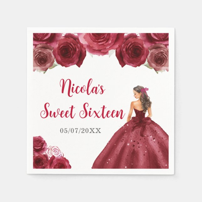 Floral Princess in Red Dress Sweet Sixteen Napkin (Front)