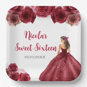 Floral Princess in Red Dress Sweet Sixteen Paper Plate