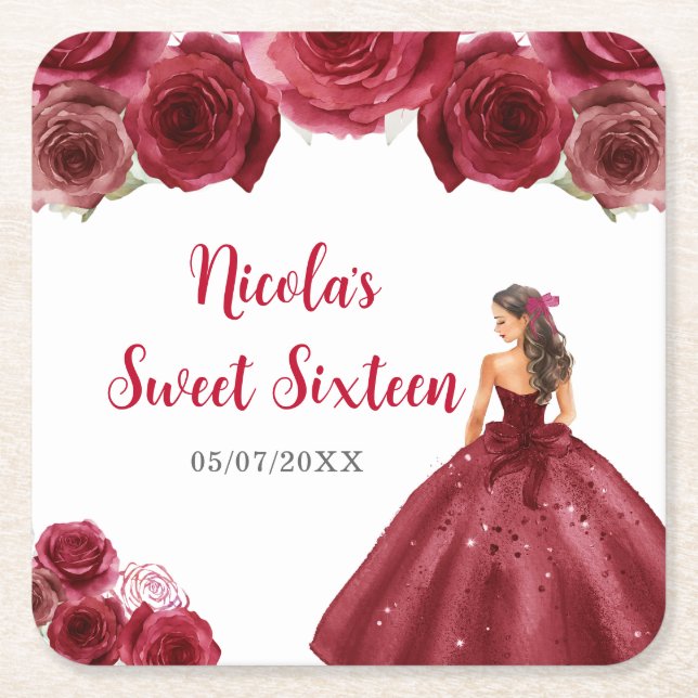 Floral Princess in Red Dress Sweet Sixteen Square Paper Coaster (Front)