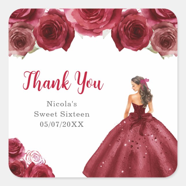 Floral Princess in Red Dress Sweet Sixteen Square Sticker (Front)