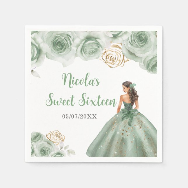 Floral Princess in Sage Green Dress Sweet Sixteen  Napkin (Front)