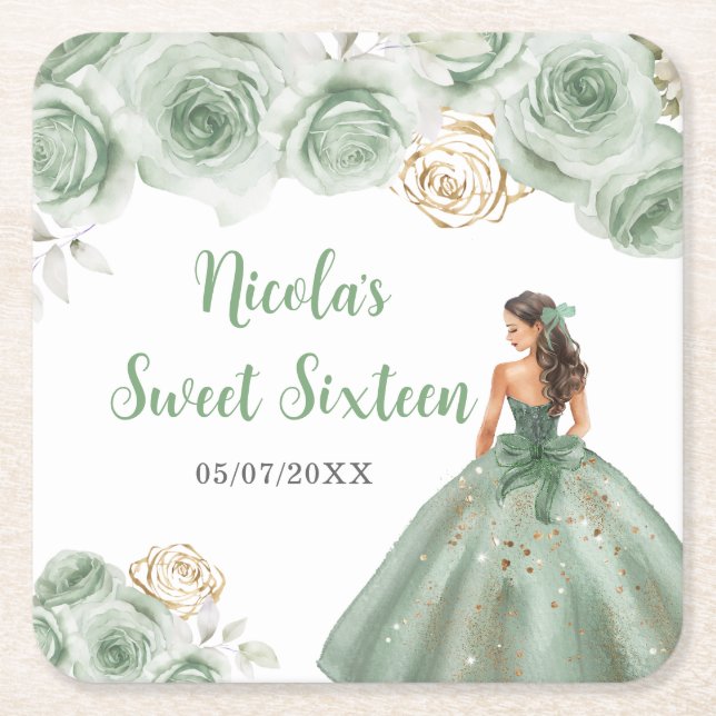 Floral Princess in Sage Green Dress Sweet Sixteen  Square Paper Coaster (Front)
