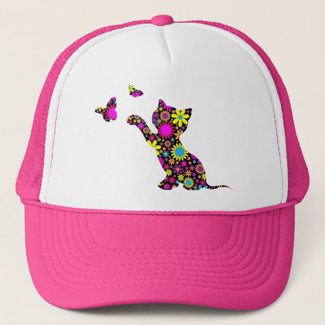 Floral Print Cat Trucker Hat (Front)