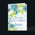 Floral Print Custom Name Birthday Card-Boyfriend C Card<br><div class="desc">Imagine this fresh floral watercolor-look printed birthday card being opened by your special boyfriend with his custom name on it. Hues of Blues & Greens on a crisp White background. Greeting printed inside. Customise her name by choosing menu at right, click on the sample name and change the text to...</div>