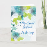 Floral Print Custom Name Birthday Card-Girlfriend  Card<br><div class="desc">Imagine this fresh floral watercolor-look printed birthday card being opened by your special girlfriend with her custom name on it. Hues of Blues & Greens on a crisp White background. Greeting printed inside. Customise her name by choosing menu at right, click on the sample name and change the text to...</div>