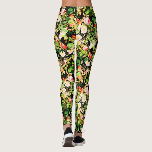 Floral Print Rose Pink & White Flowers On Black Leggings (Back)
