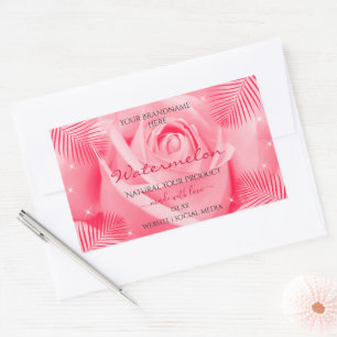 Floral Product Label Pink Rose and Red Palm Leaves