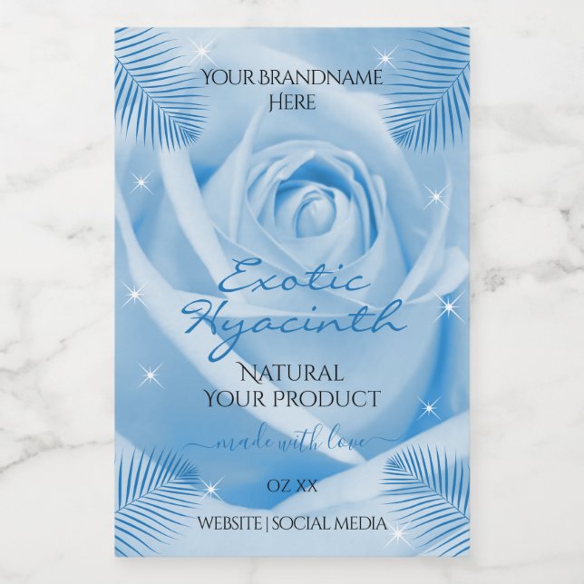Floral Product Labels Blue Rose with Palm Leaves (Single Label)