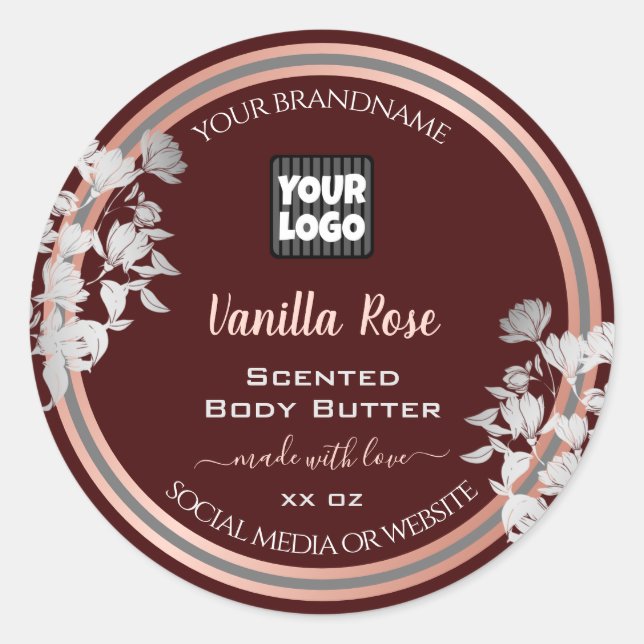 Floral Product Labels Customised Burgundy and Logo (Front)