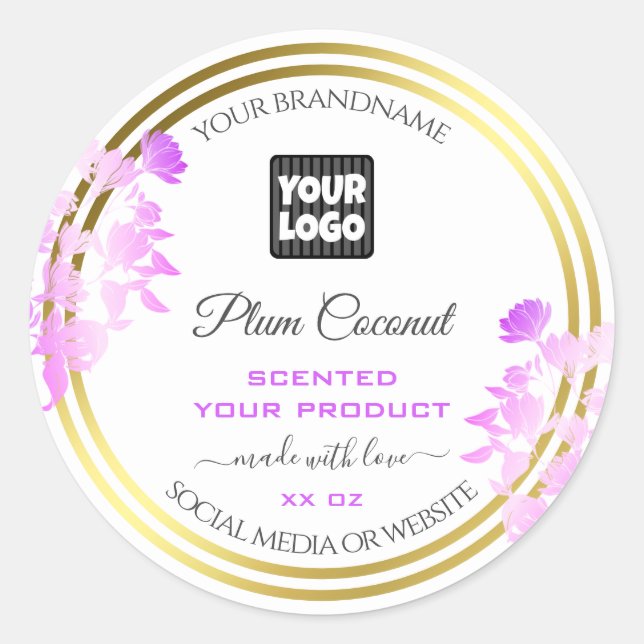 Floral Product Labels with Logo White Purple Gold (Front)