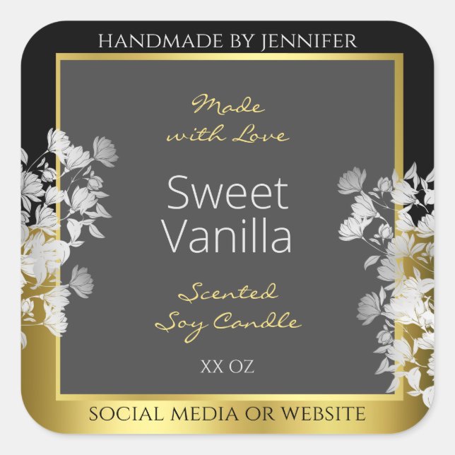 Floral Product Packaging Label Black Gold and Grey (Front)