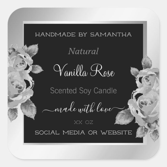 Floral Product Packaging Labels Black White Silver (Front)