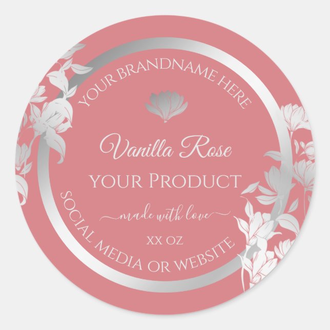 Floral Product Packaging Labels Silver and Pink (Front)