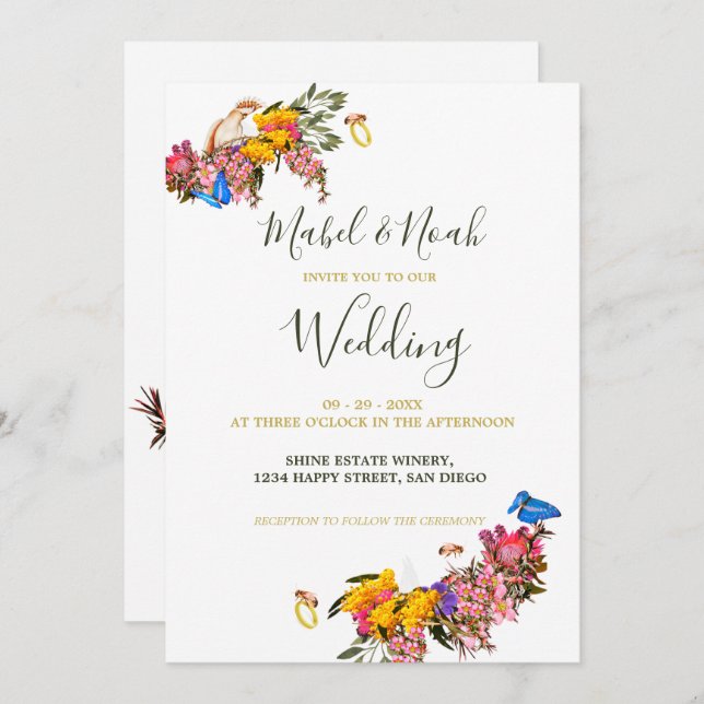  Floral Protea Cockatoo Sustainable Bees Wedding Invitation (Front/Back)