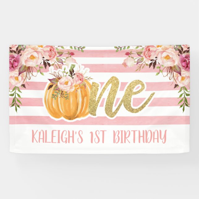 Floral Pumpkin 1st Birthday Banner - Pink Stripes (Horizontal)