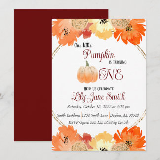 Floral Pumpkin 1st Birthday Invitation