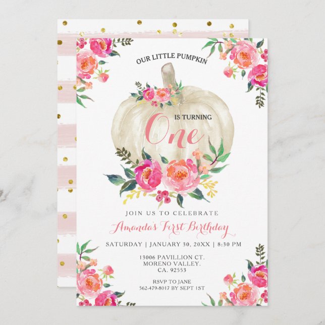 Floral Pumpkin 1st Birthday Invitation (Front/Back)