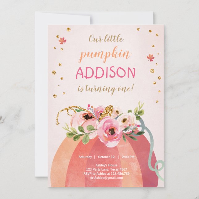 Floral Pumpkin Autumn Fall Gold Pink Birthday Girl Invitation (Front)