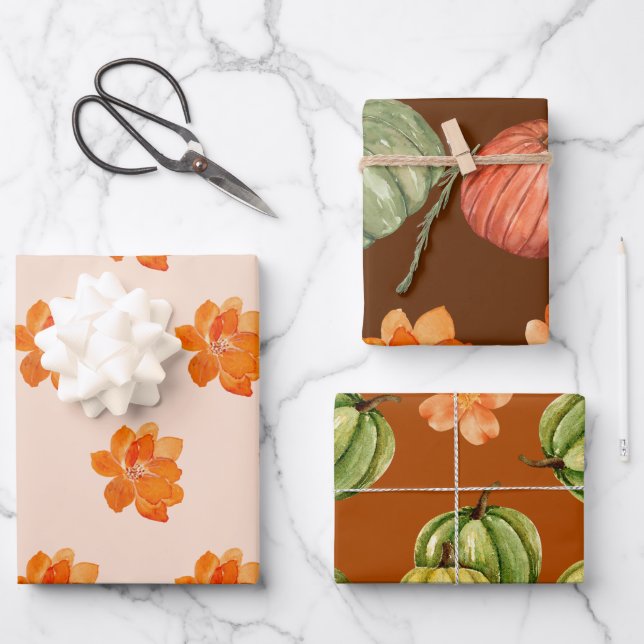 Floral Pumpkin Autumn Fall Wrapping Paper Sheet (Front)