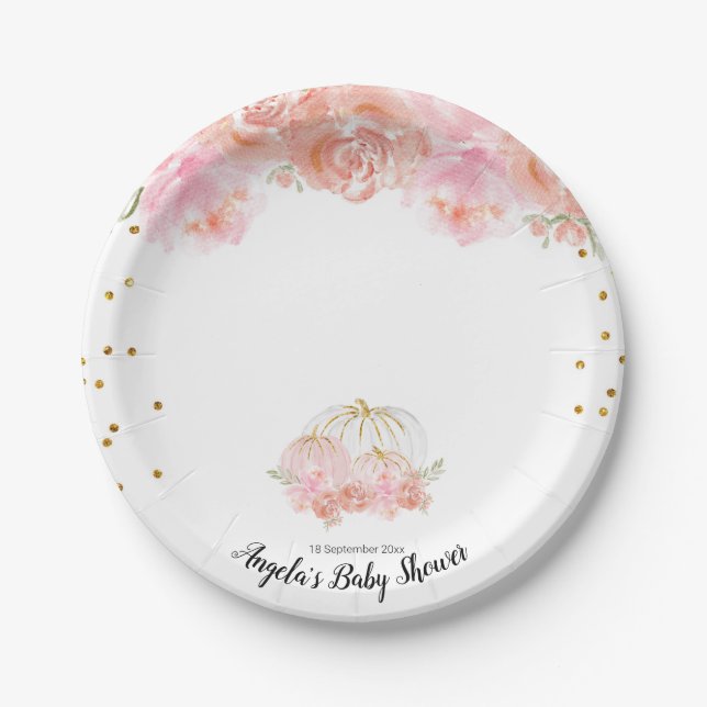 Floral Pumpkin Baby Show Party Paper Plates (Front)
