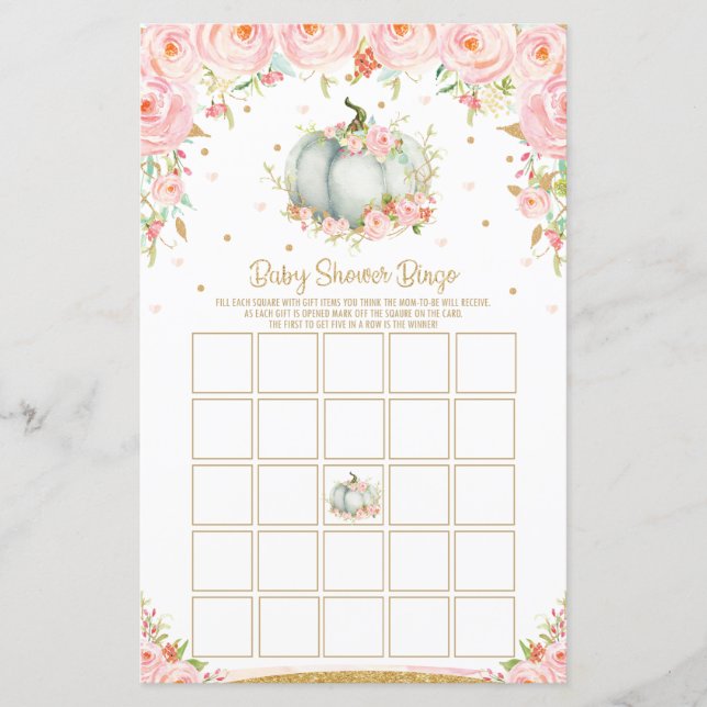 Floral Pumpkin Baby Shower Bingo Game Activity (Front)
