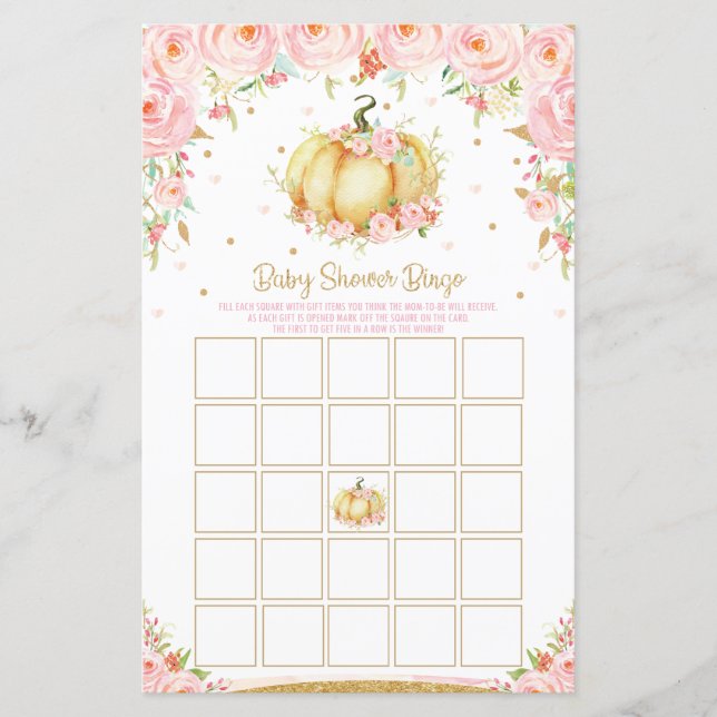 Floral Pumpkin Baby Shower Bingo Game Activity (Front)