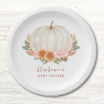 Floral Pumpkin Baby Shower Paper Plate<br><div class="desc">This floral baby shower paper plate is decorated with a watercolor pumpkin,  fall foliage,  and stylish script typography.
Easily customisable. Original Watercolor © Michele Davies.</div>