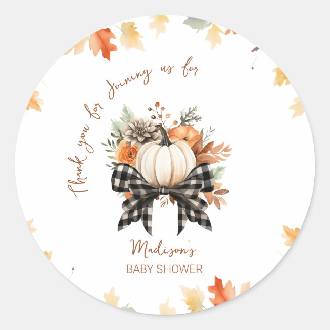 Floral Pumpkin Baby Shower with Plaid Ribbon Classic Round Sticker (Front)
