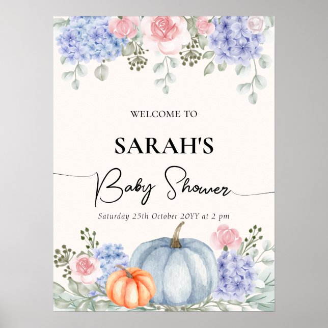 Floral Pumpkin Fall Baby Shower Welcome Sign (Front)