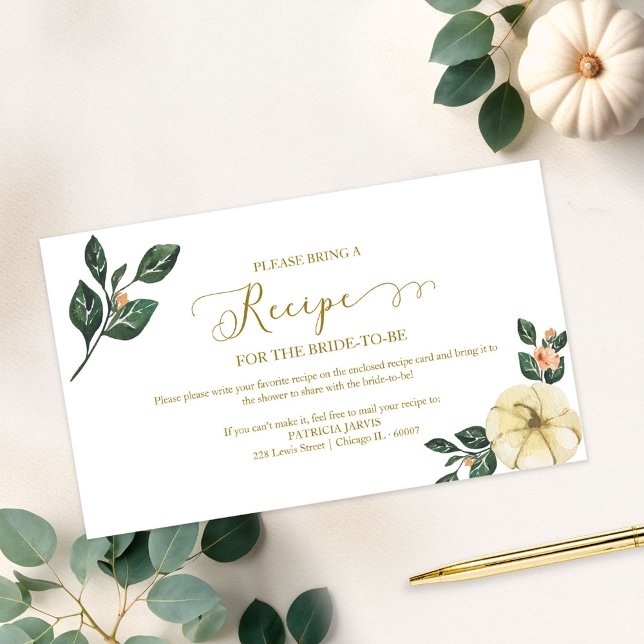 Floral Pumpkin Fall Bridal Shower Recipe Request Enclosure Card (Creator Uploaded)