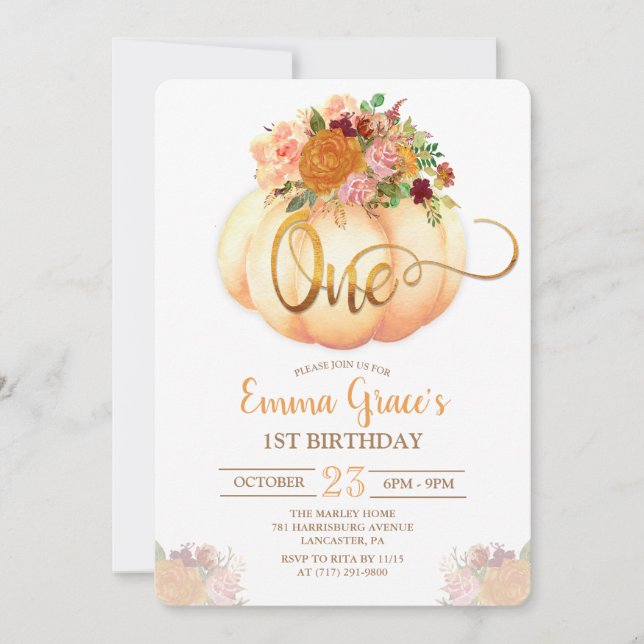 Floral Pumpkin First Birthday Invitation (Front)