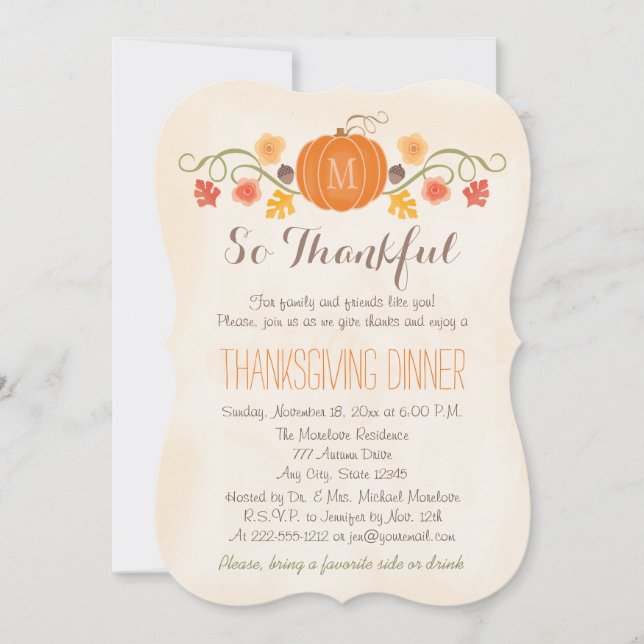 Floral Pumpkin Monogrammed Thanksgiving Dinner Invitation (Front)