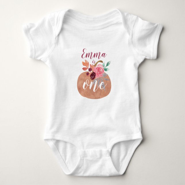 Floral Pumpkin one first birthday with name Baby Bodysuit (Front)