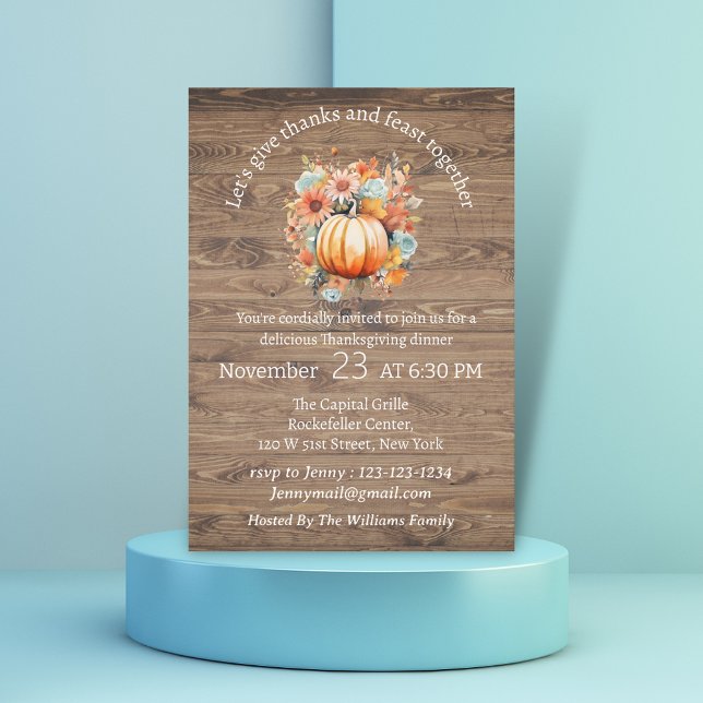Floral Pumpkin, Rustic Wood Thanksgiving Dinner Invitation (Creator Uploaded)