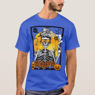 Floral Pumpkin Skeleton Messy Bun Drinking Coffee T-Shirt