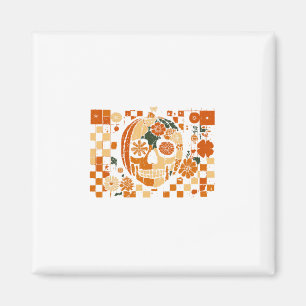 Floral Pumpkin Skull Checkered Fall Halloween Than Magnet