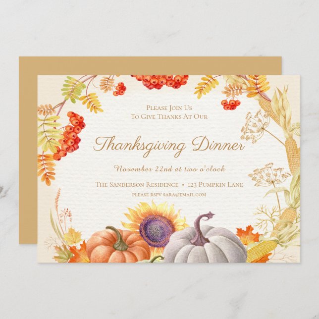 Floral Pumpkin Sunflower Thanksgiving Dinner Invitation (Front/Back)