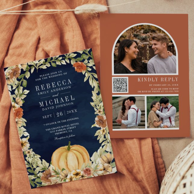Floral Pumpkin Terracotta QR Code Navy Wedding Invitation (Creator Uploaded)