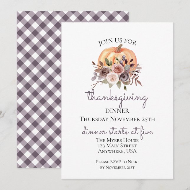 Floral Pumpkin Thanksgiving Dinner Invitation (Front/Back)
