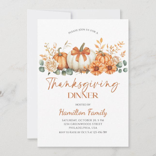 Floral pumpkin Thanksgiving Dinner party Invitation (Front)