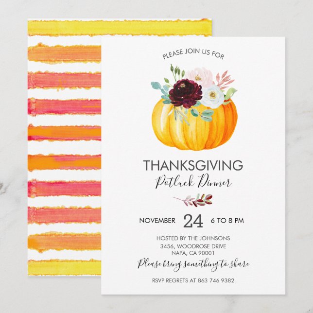 Floral Pumpkin Thanksgiving Potluck Dinner Invitation (Front/Back)