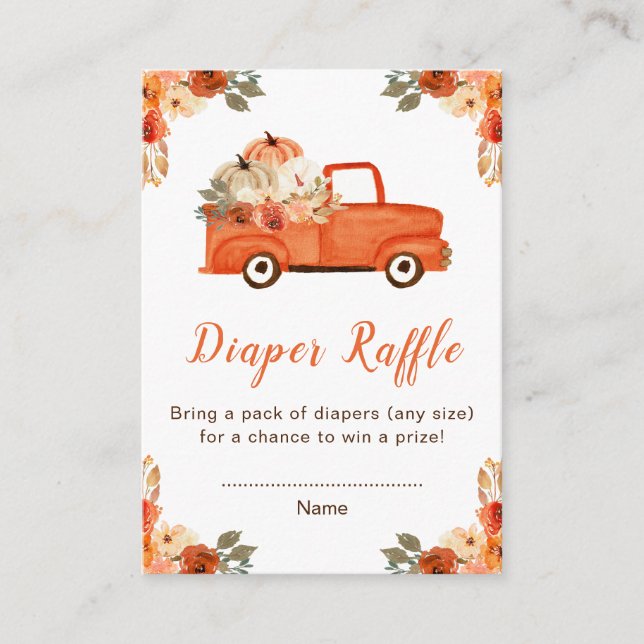 Floral Pumpkin Truck Baby Shower Diaper Raffle Enclosure Card (Front)