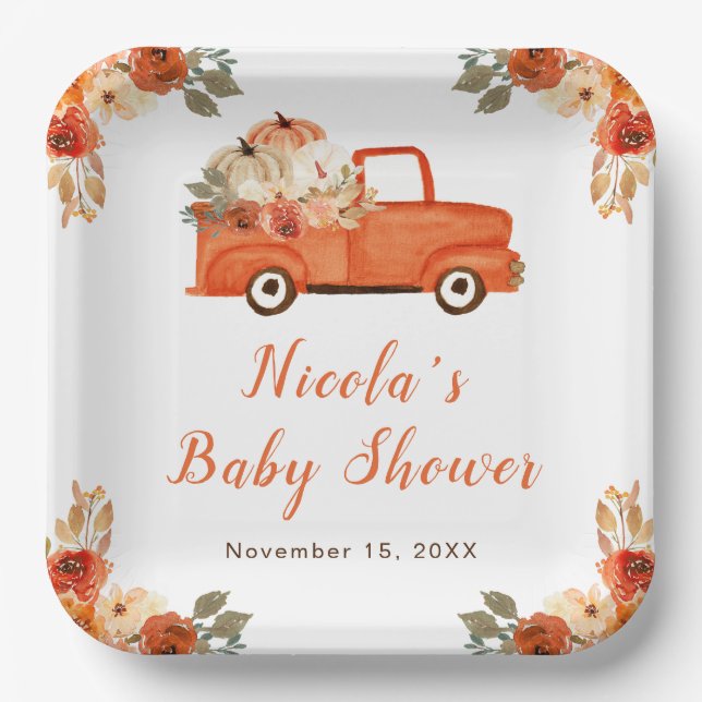 Floral Pumpkin Truck Baby Shower  Paper Plate (Front)